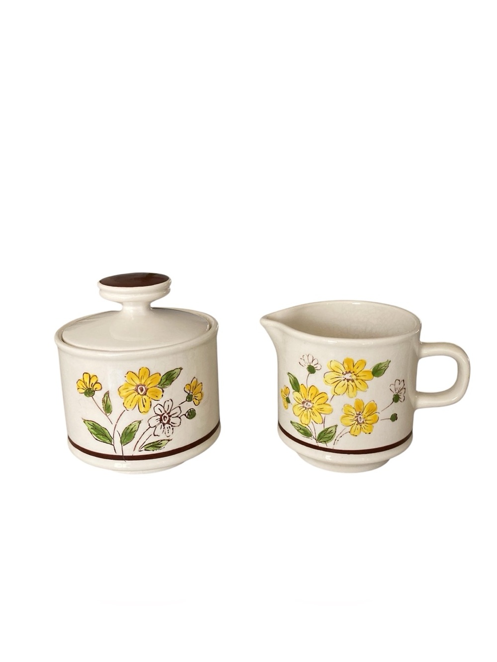 Vintage 1970s Fiesta 1530 Handpainted Lunastone Creamer Sugar Set Yellow Flowers